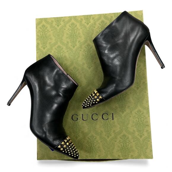 Gucci Booties Women’s Size US 6 Smooth Leather 3” Stiletto w/ Gold Studs - Picture 1 of 7